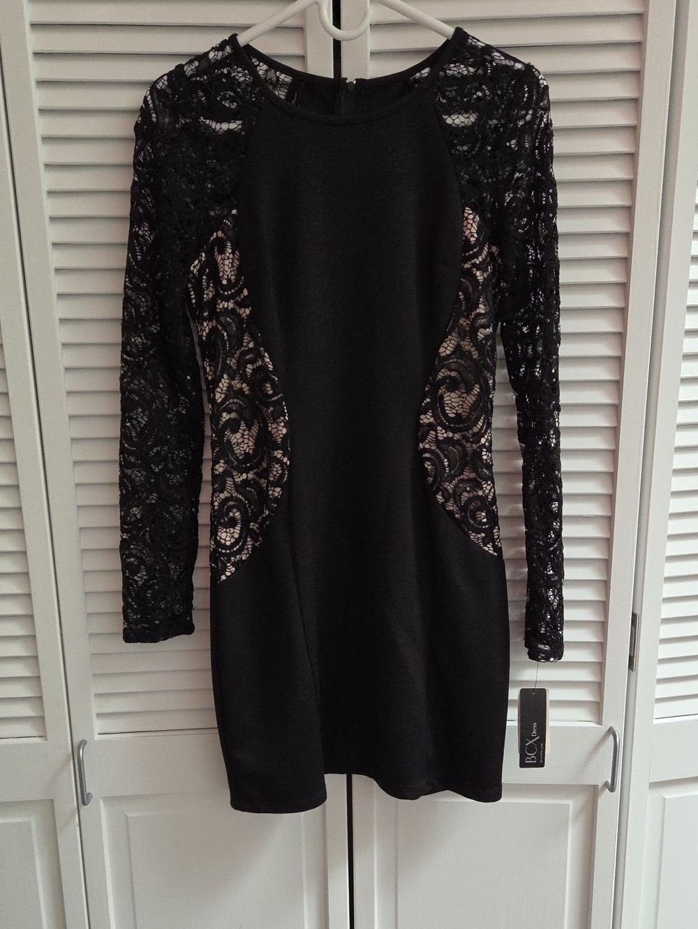 BCX Black Lace-Panel Long Sleeve Dress with Nude Lining
